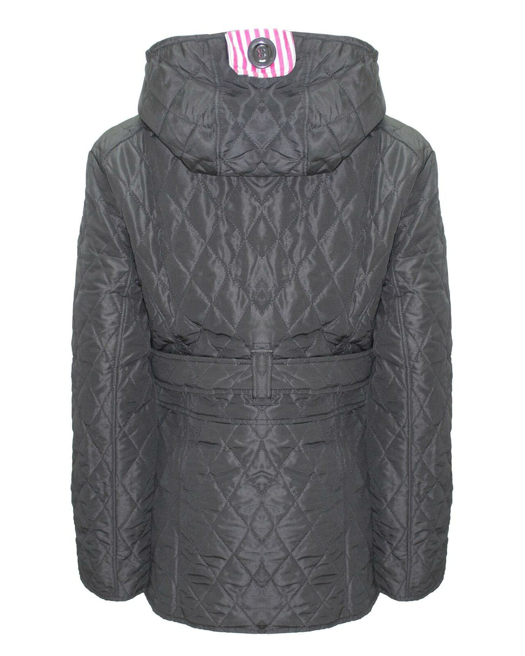 New Ladies Quilted Hooded Women Padded Belted Button Jacket Black Coat Size 8-14