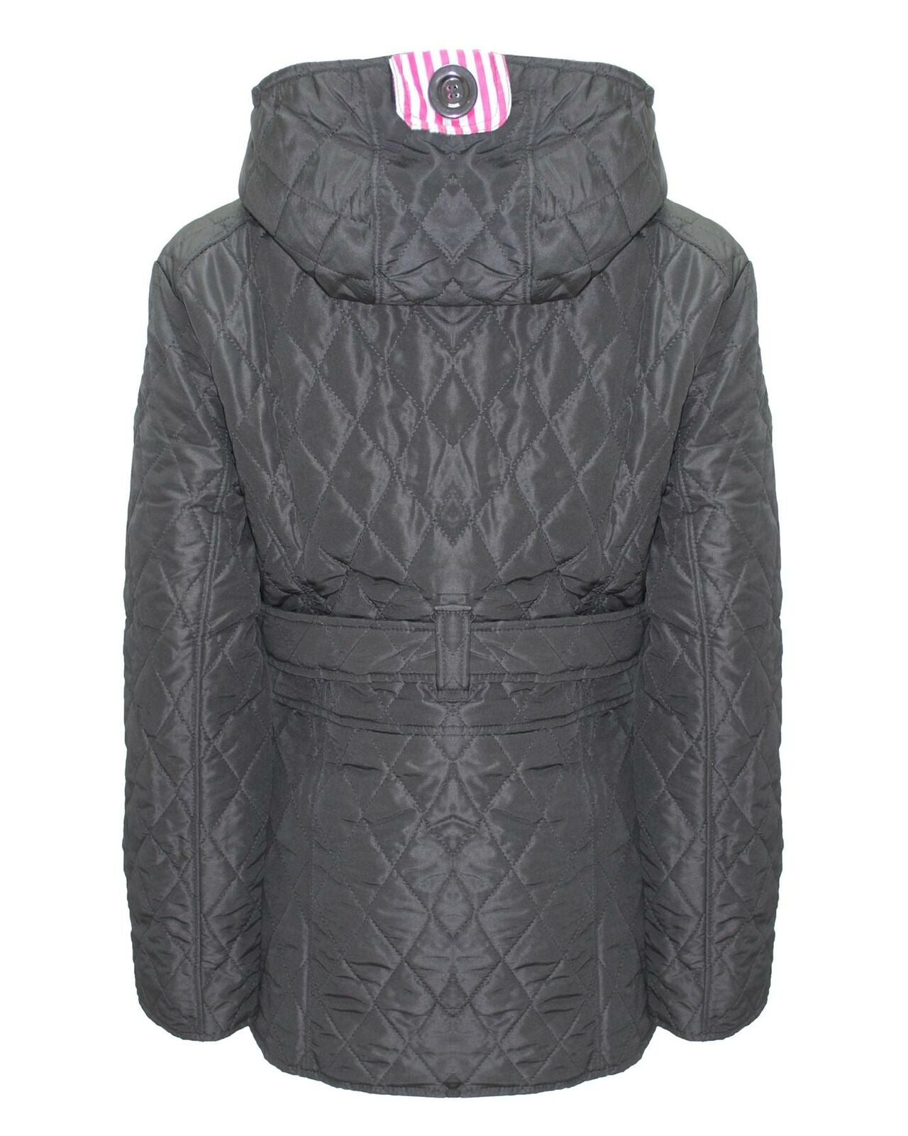 New Ladies Quilted Hooded Women Padded Belted Button Jacket Black Coat Size 8-14