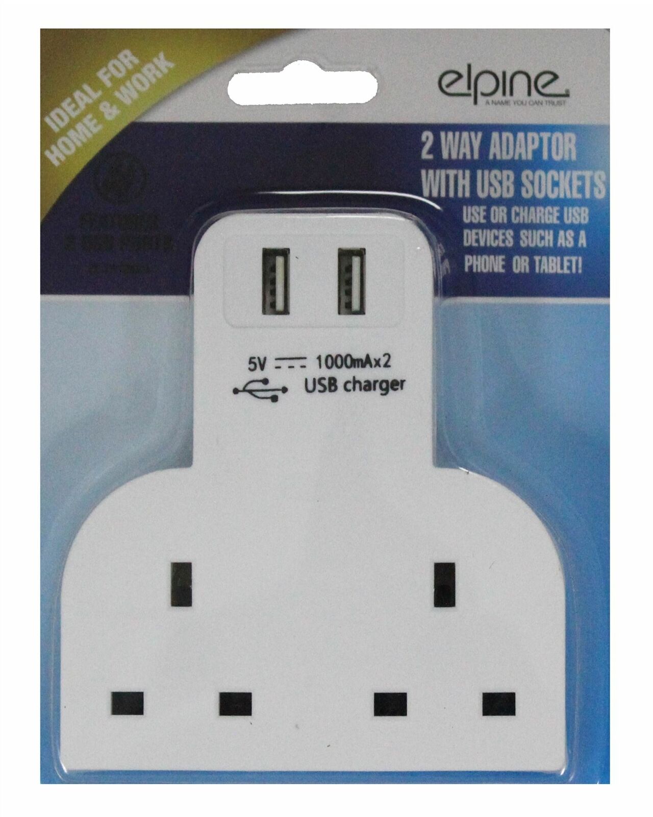13A 2 Way Wall Adaptor Socket Phone Tablet USB Charging Ports 3 Pin Plug