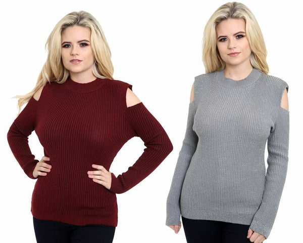 Knitted Cold Shoulder Ladies Women Long Sleeve Ribbed Jumper Shoulder Cutout Top