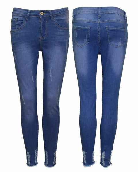 New Ladies Women Ripped Hem Distress Super Skinny Stretch Jeans Jeggings Blue