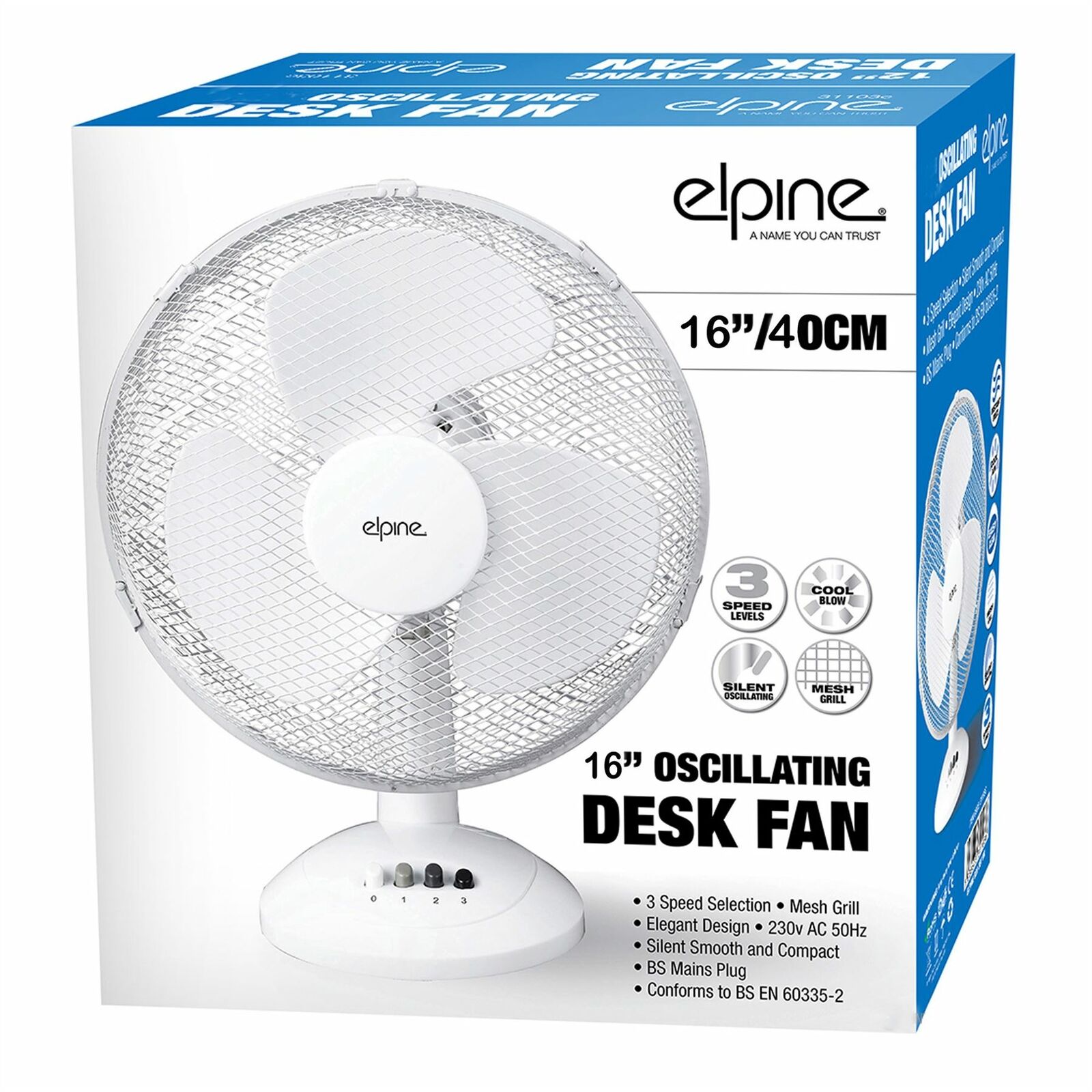 3 Speed Levels 16" Oscillating Desk Fan White
