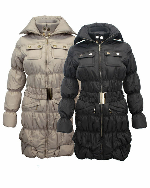 Ladies Women Puffer High Neck Collar Quilted Padded Waist Belt Coat Jacket 8-16