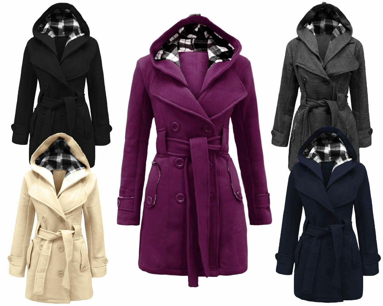 Ladies Women Long Sleeves Hooded Button Waist Belt Fleece Pocket Jacket Coat top