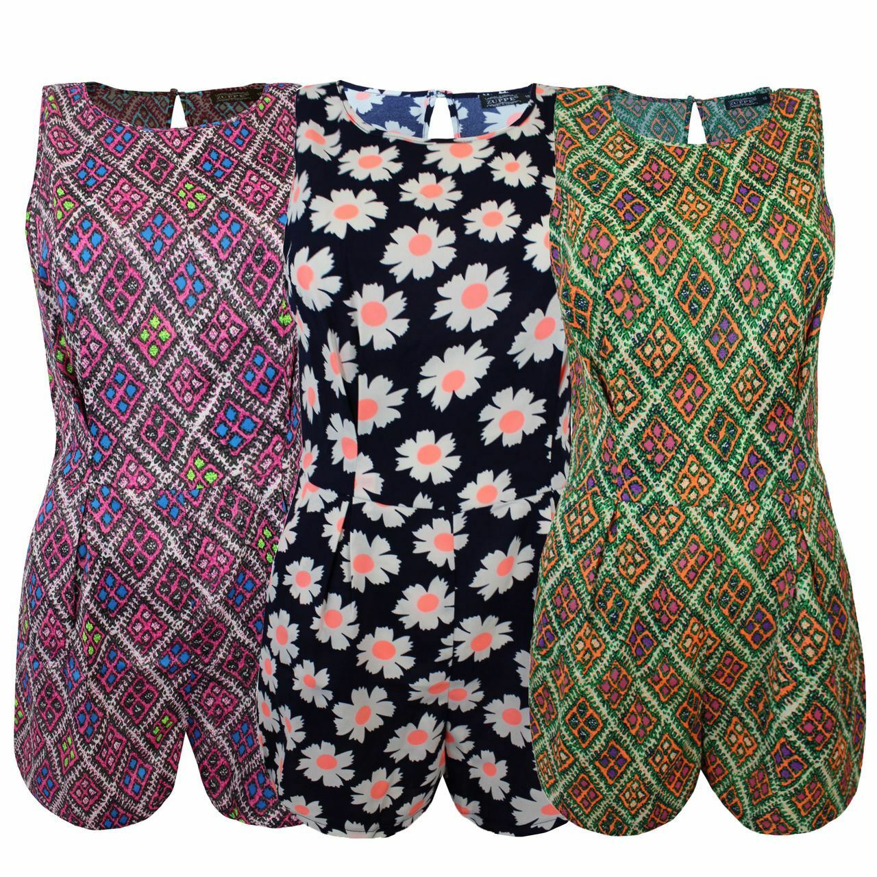 New Ladies Women Paisley Flower Aztec Printed Jumpsuit Back Zip Dress Playsuit