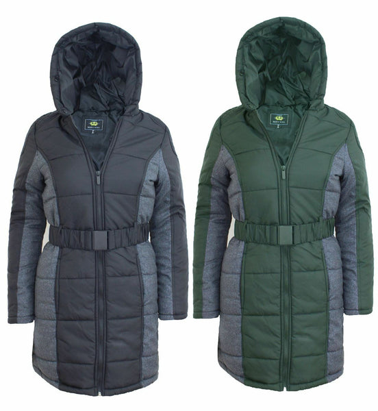 Ladies Womens Detached Fur Quilted Padded Puffa Parka Hood Jacket Belted Coat