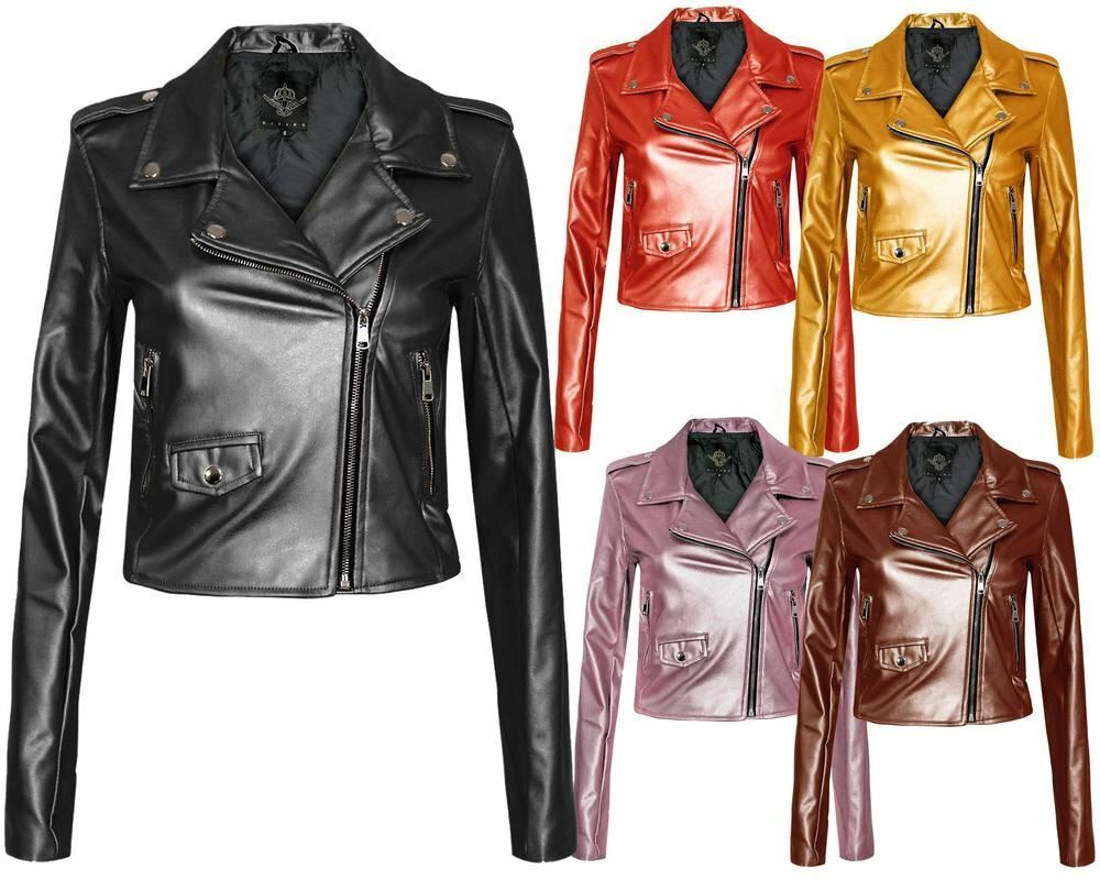 New Ladies Women Vintage Crop Biker Style Side Zip PU Leather Collar Jacket Top