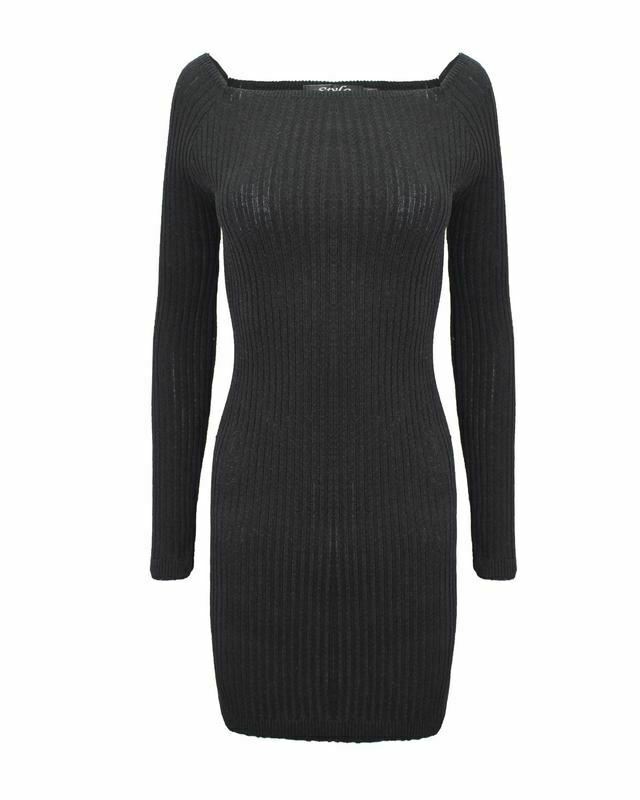 Ladies Women Knitted Slash Neck Off Shoulder Bardot Ribbed Knit Dress Sweater