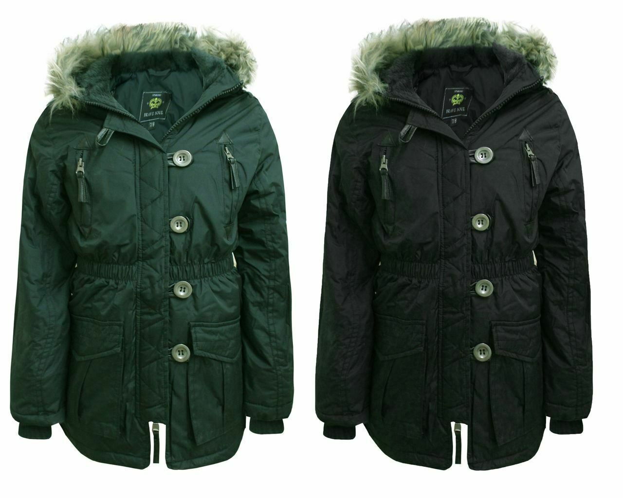 GIRLS KIDS BRAVE SOUL FUR HOODED MILTARY PARKA ANIMAL PRINT CASUAL COAT JACKET