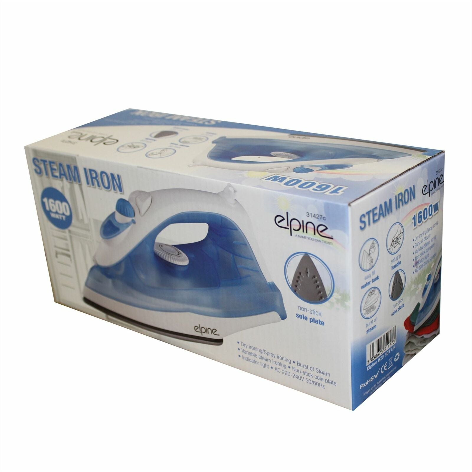 New 1600w Steam Iron nonstick sole plate Soft Grip Adjustable Thermostat Control