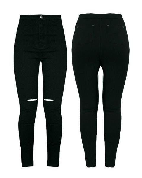 Ladies Women Knee Ripped High Waist Jegging Knee Skinny Black Jeans UK size 6-16