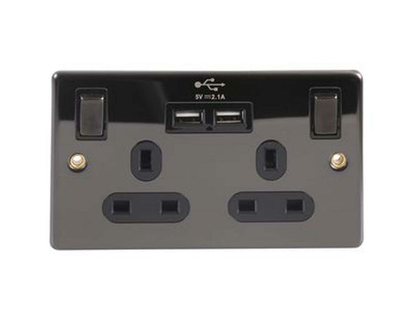 Black Nickel Double Gang UK power socket with Twin USB Charging Sockets 2.4 Amp