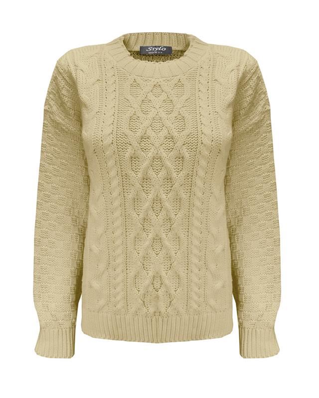Ladies Women Crew Neck Diamond Knit Long Sleeve Cable Jumper Short Sweater Top