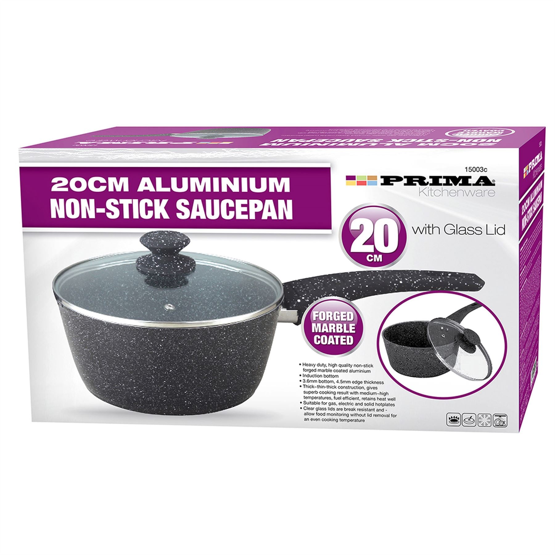 Aluminium Non Stick Saucepan Saucepot Casserole Glass Lid Forged Marble Coated
