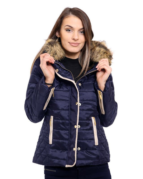 Ladies Womens Faux Fur Collar Quilted Padded Jacket Button Zip Coat Size 8-14