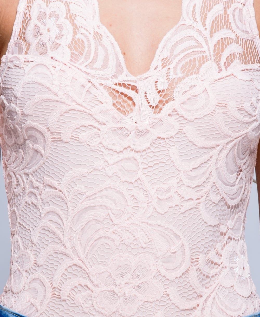 Women Ladies Sleeveless Scallop Lace V Neck Bodysuit Leotard Lace Top Jumpsuit