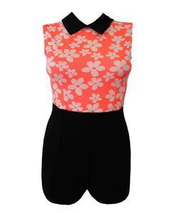 Women Ladies Peter Pan Collar Daisy Flower Print Sleeveless Jumpsuit Playsuit