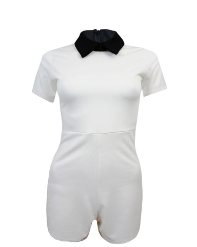 Ladies Womens Short Sleeve Peter Pan Collar Plain Stretch Playsuit Jumpsuit 8-14