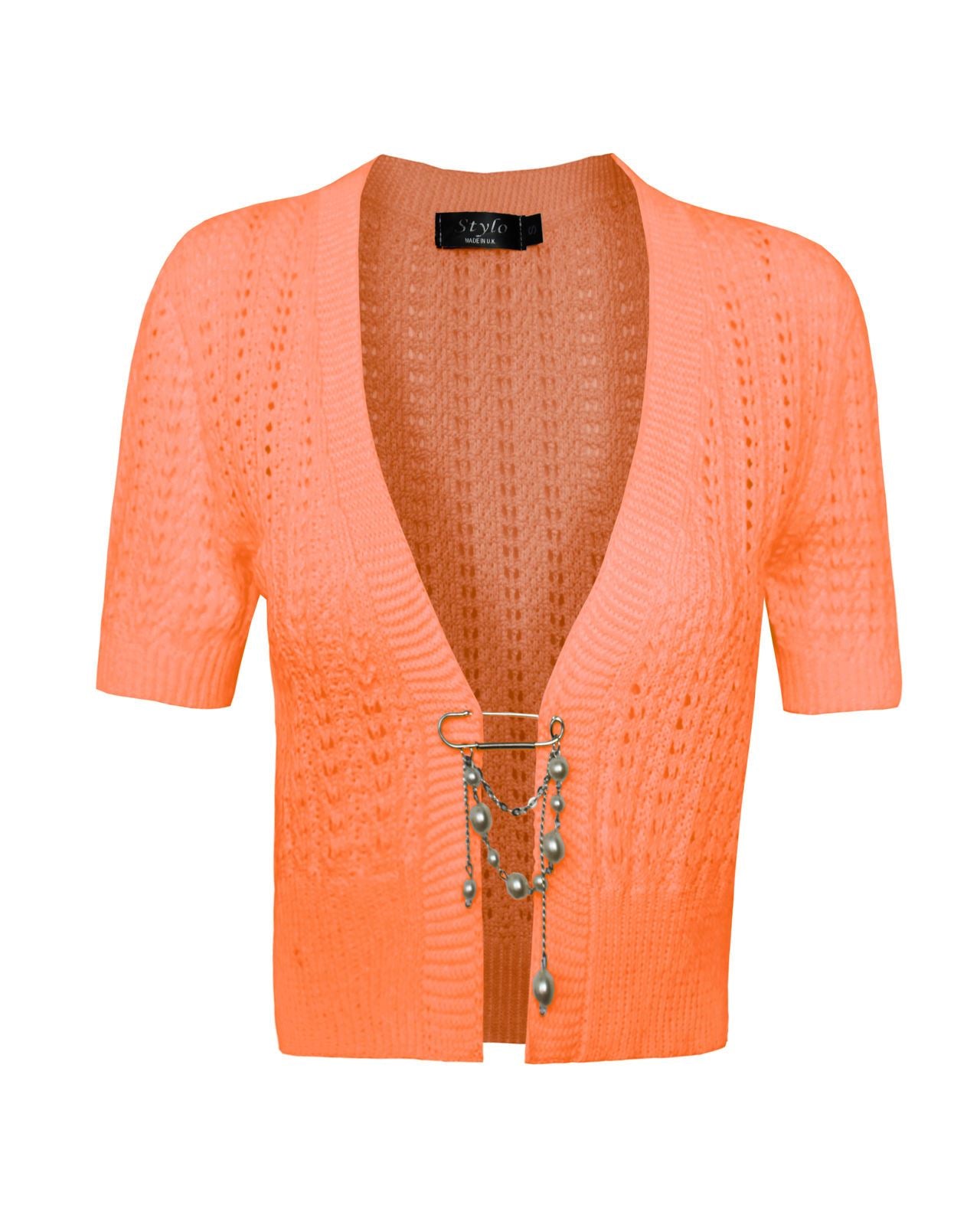 Ladies Womens knitted Short Sleeves Brooched CARDIGAN New Shrug Crop TOP 8-16