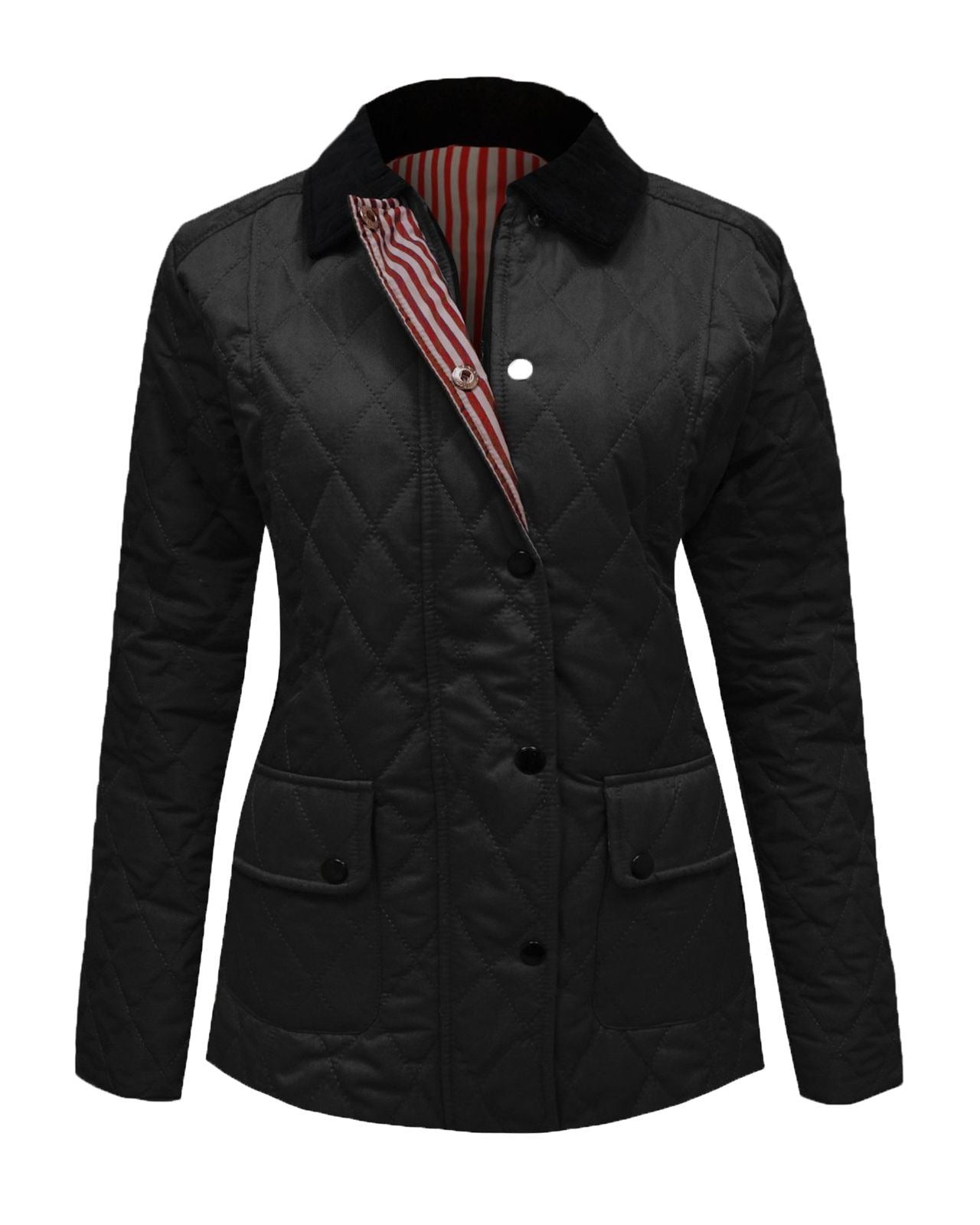 New Ladies Womens Quilted Padded Collar Buttoned Zipped Jacket Thick Coat Top
