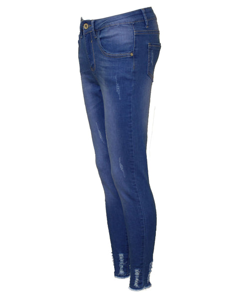 New Ladies Women Ripped Hem Distress Super Skinny Stretch Jeans Jeggings Blue