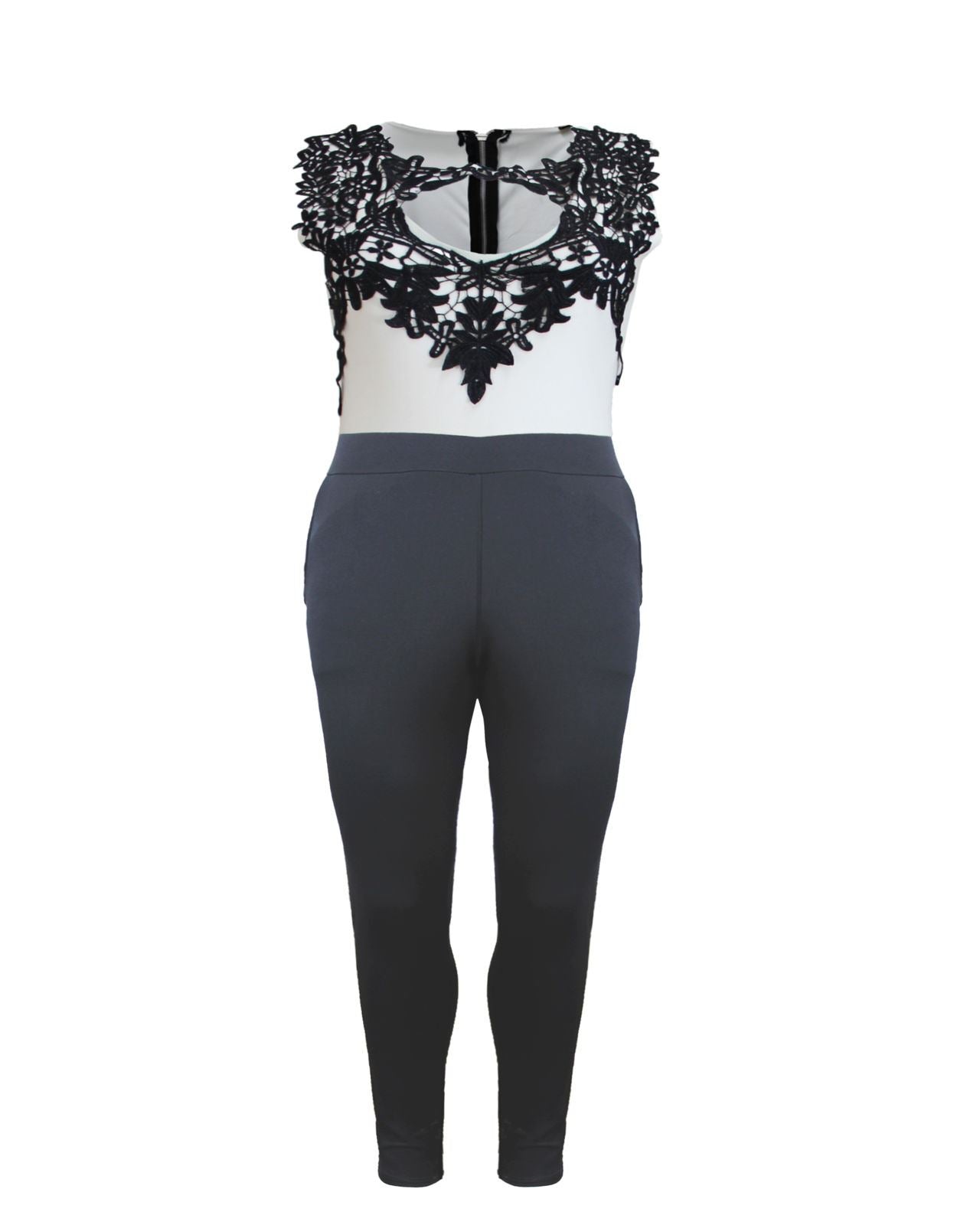 New Ladies Womens Lace Keyhole Monochrome Pocket Stretch Playsuit Jumptsuit 8-14