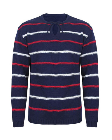 Mens Knitted Stripe Long Sleeve Navy Blue Jumper Top Chunky Knit Sweater 8-14