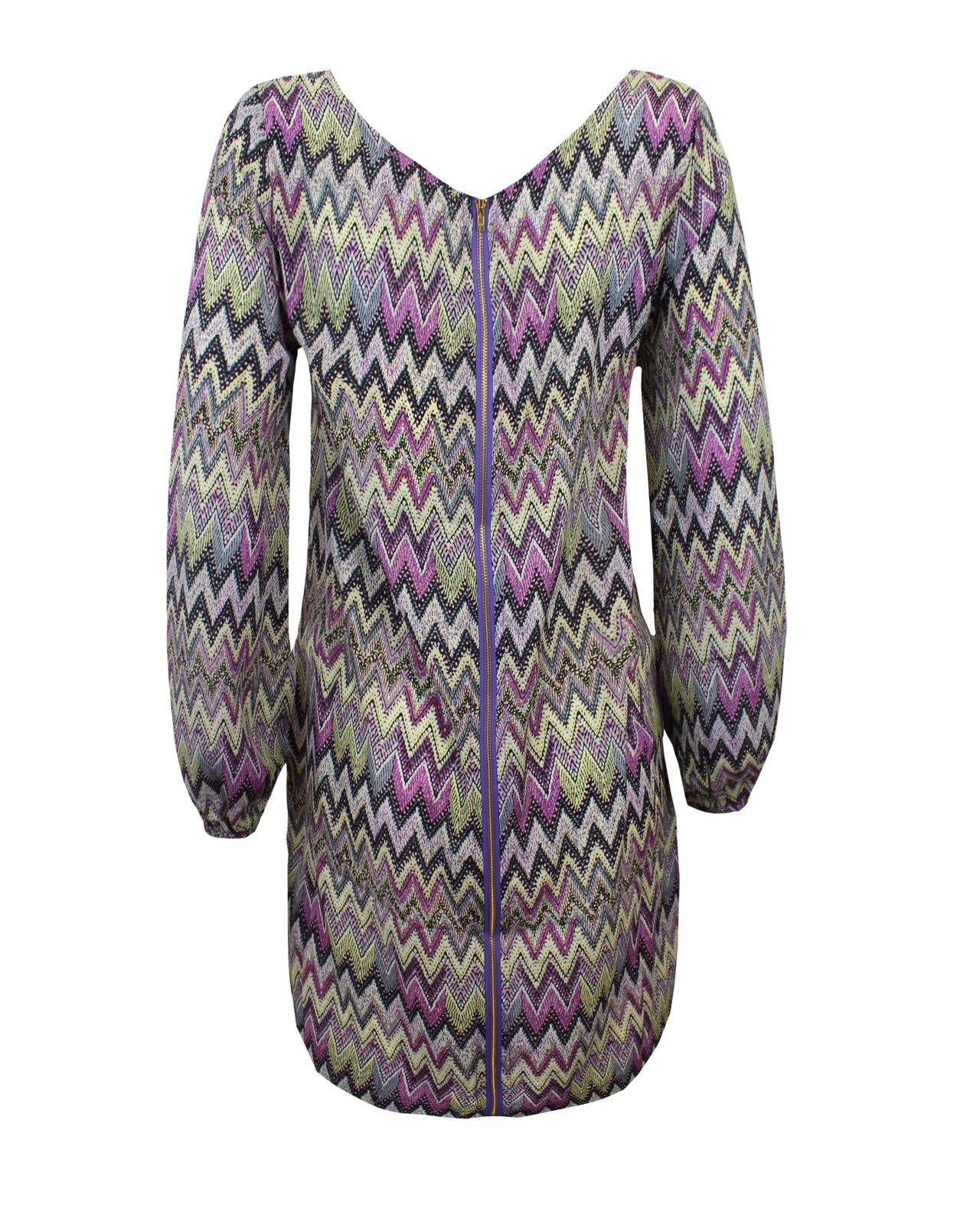 New Ladies Women Elasticised Cuff Long Sleeves Purple ZigZag Swing Dress Top