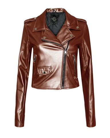 New Ladies Women Vintage Crop Biker Style Side Zip PU Leather Collar Jacket Top