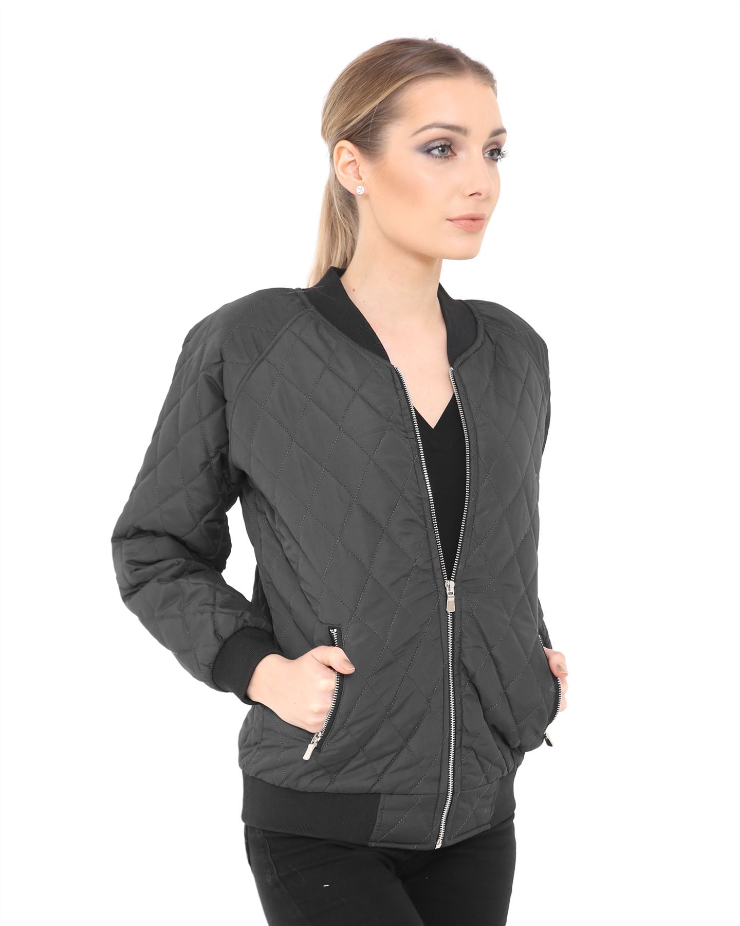 New Ladies Women Bomber Quilted Padded Puffer Zip Pocket Puffa Coat Jacket Top