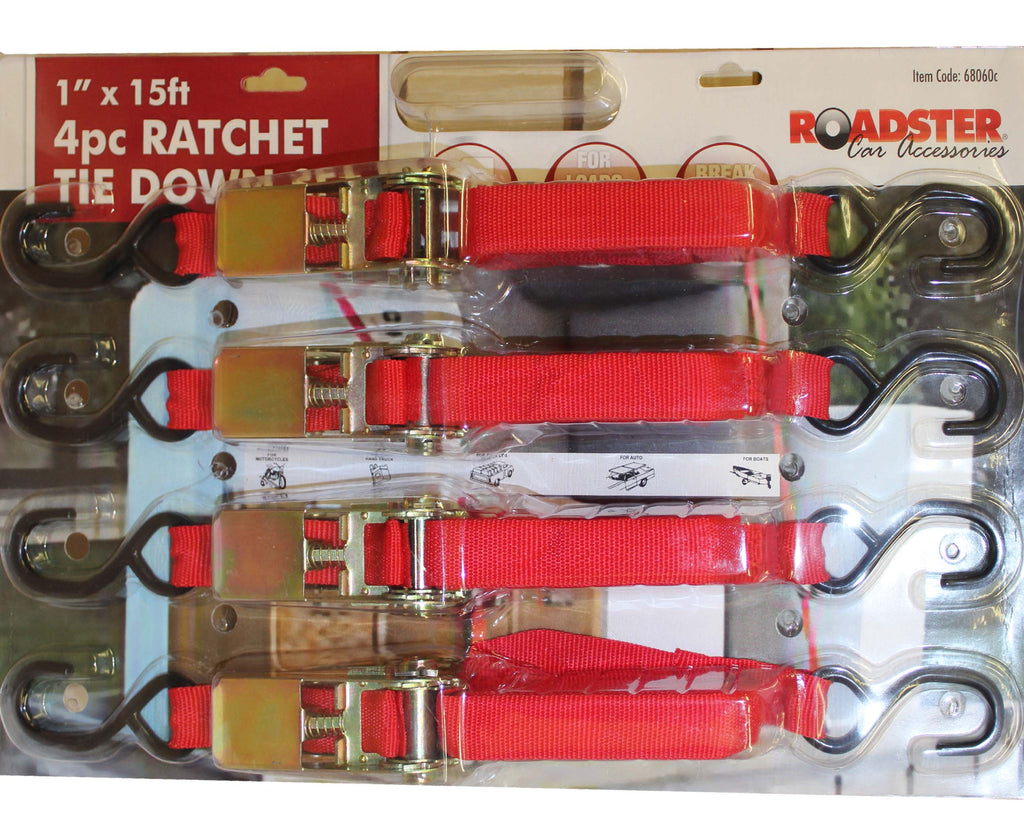 AUTO LOCKING 4 PCS RATCHET LOCKING TIE DOWN 1" X 15FT CARGO HOLDING RACHET STRAP