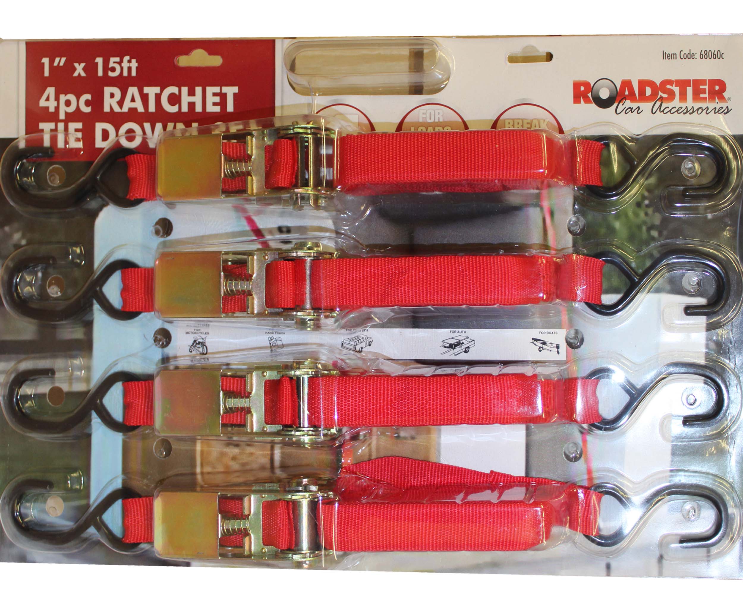 AUTO LOCKING 4 PCS RATCHET LOCKING TIE DOWN 1" X 15FT CARGO HOLDING RACHET STRAP