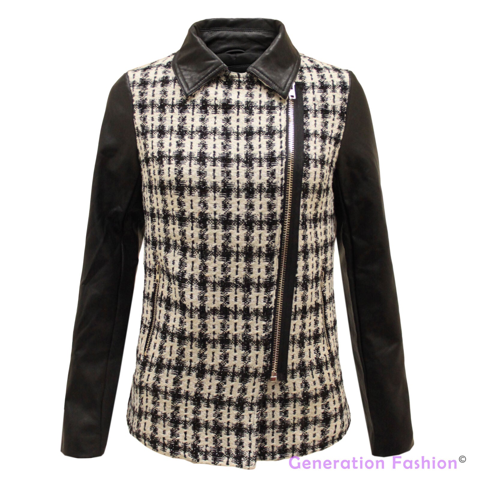 New Ladies Faux Leather Collared PU Knitted Side Zip Check Jacket Coat Size 8-16