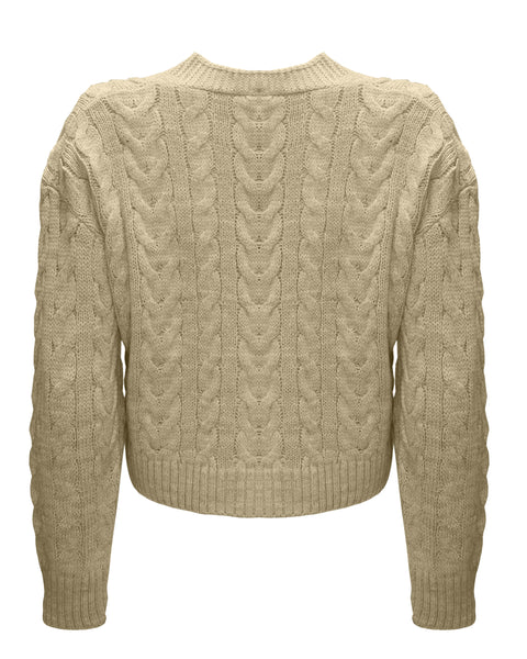 Women Cable Knit Cropped Cardigan Stone