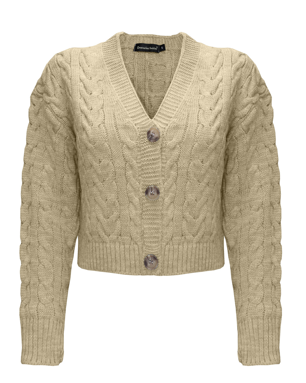 Women Cable Knit Cropped Cardigan Stone