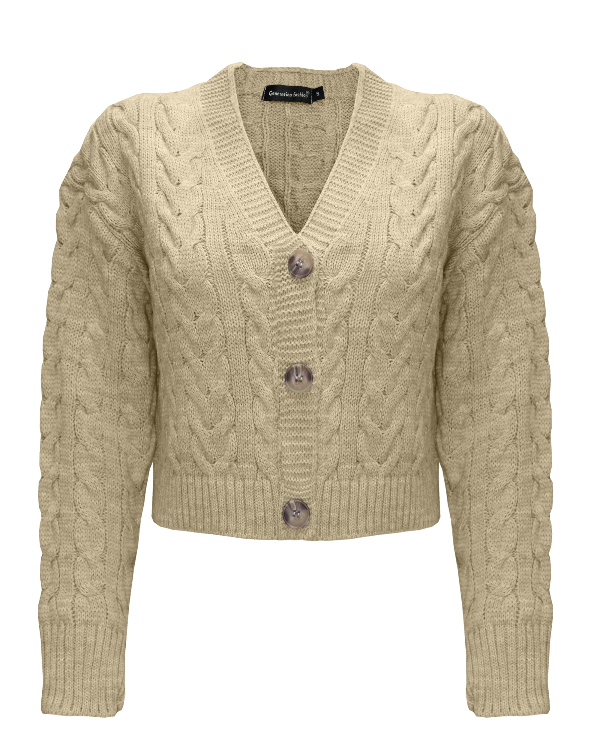 Women Cable Knit Cropped Cardigan Stone