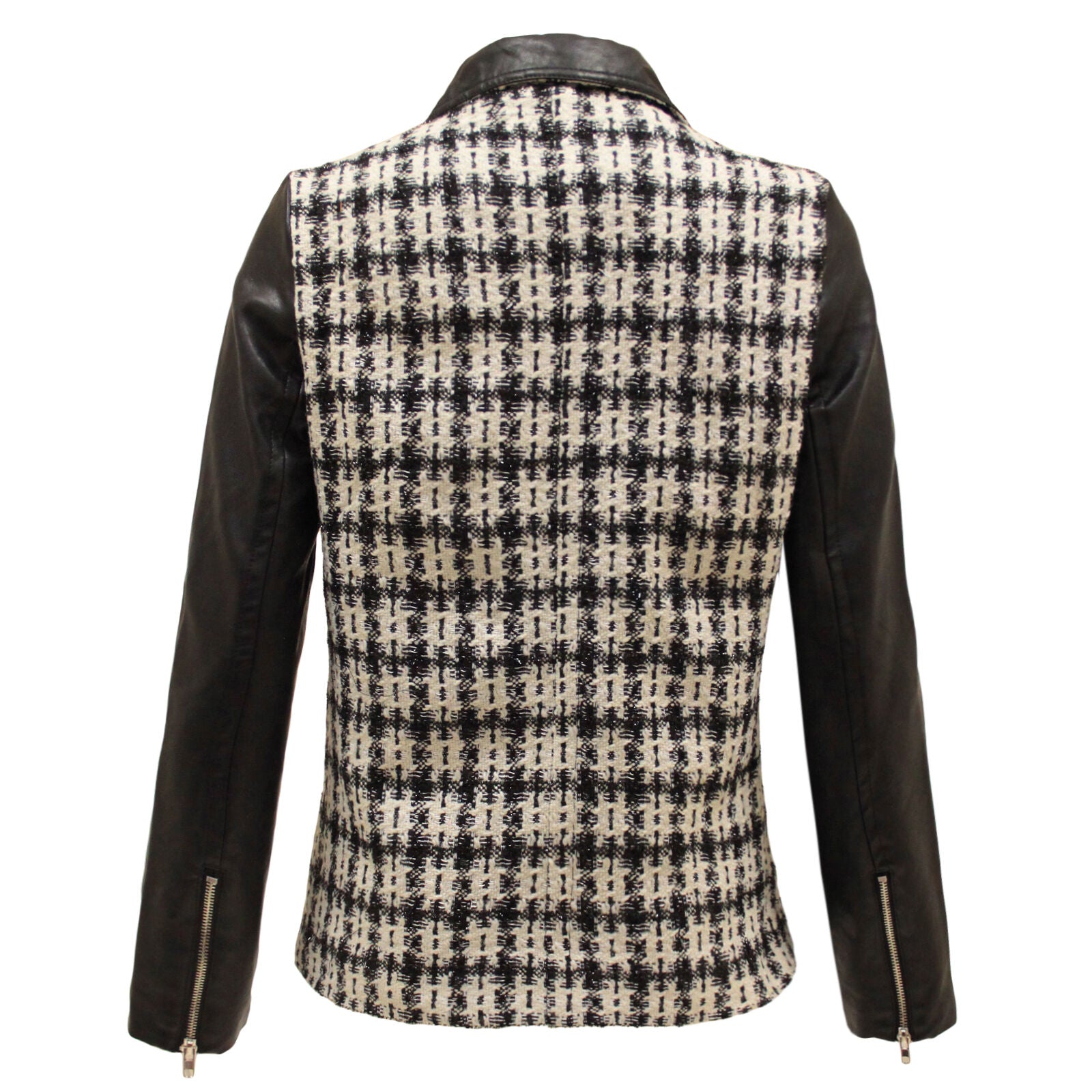New Ladies Faux Leather Collared PU Knitted Side Zip Check Jacket Coat Size 8-16