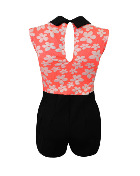 Women Ladies Peter Pan Collar Daisy Flower Print Sleeveless Jumpsuit Playsuit
