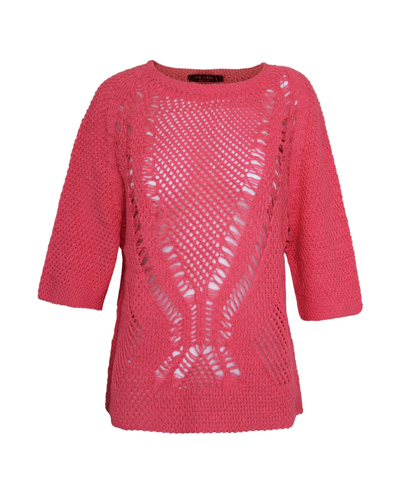 Ladies Women Crew Neck Batwing Short Sleeve Holey Knit Fisherman Jumper Top 8-14