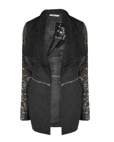 Ladies Women Sequin Sleeve Coat Detachable Bottom Black Jacket Top Size S M L Xl