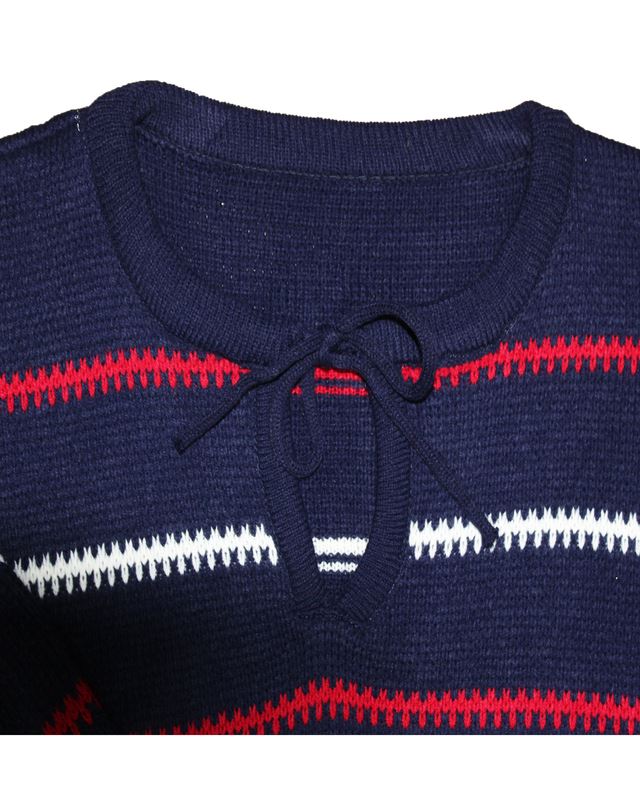 Mens Knitted Stripe Long Sleeve Navy Blue Jumper Top Chunky Knit Sweater 8-14