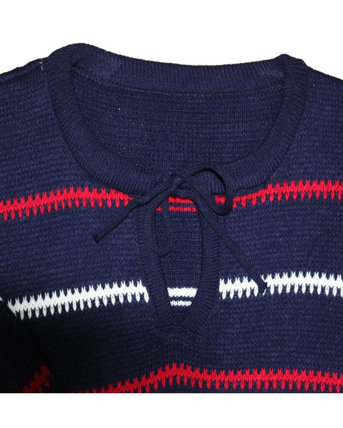 Mens Knitted Stripe Long Sleeve Navy Blue Jumper Top Chunky Knit Sweater 8-14