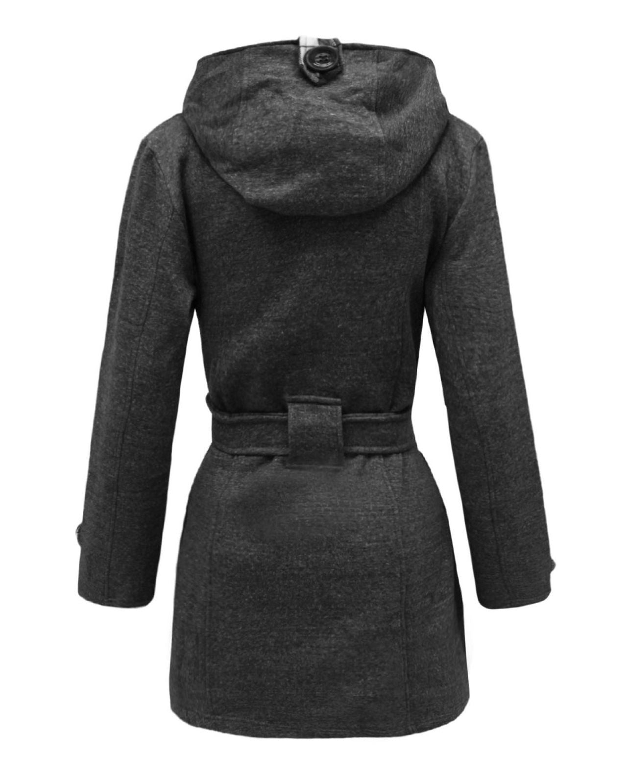 Ladies Women Long Sleeves Hooded Button Waist Belt Fleece Pocket Jacket Coat top