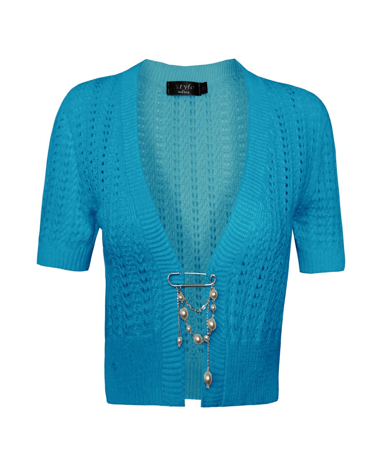 Ladies Womens knitted Short Sleeves Brooched CARDIGAN New Shrug Crop TOP 8-16