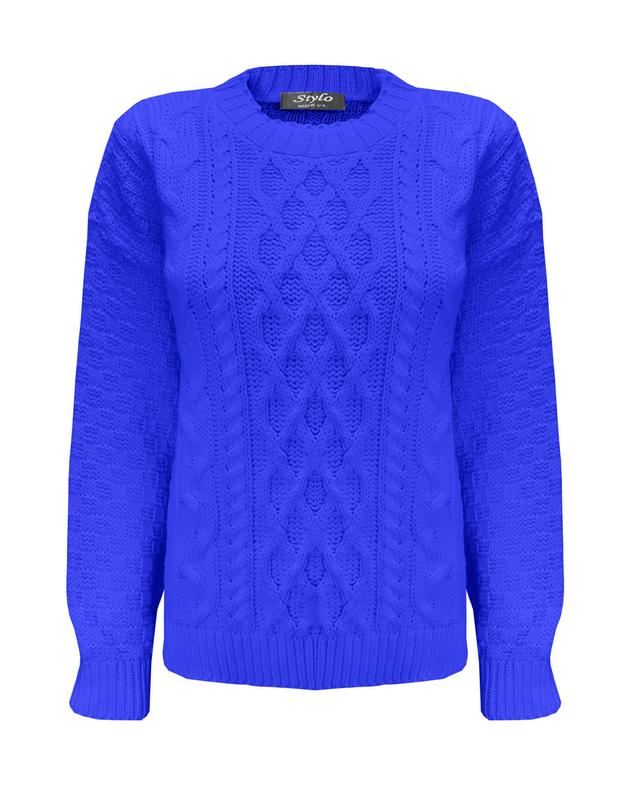 Ladies Women Crew Neck Diamond Knit Long Sleeve Cable Jumper Short Sweater Top