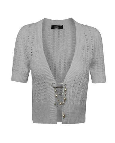 Ladies Womens knitted Short Sleeves Brooched CARDIGAN New Shrug Crop TOP 8-16