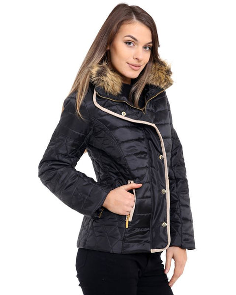 Ladies Womens Faux Fur Collar Quilted Padded Jacket Button Zip Coat Size 8-14