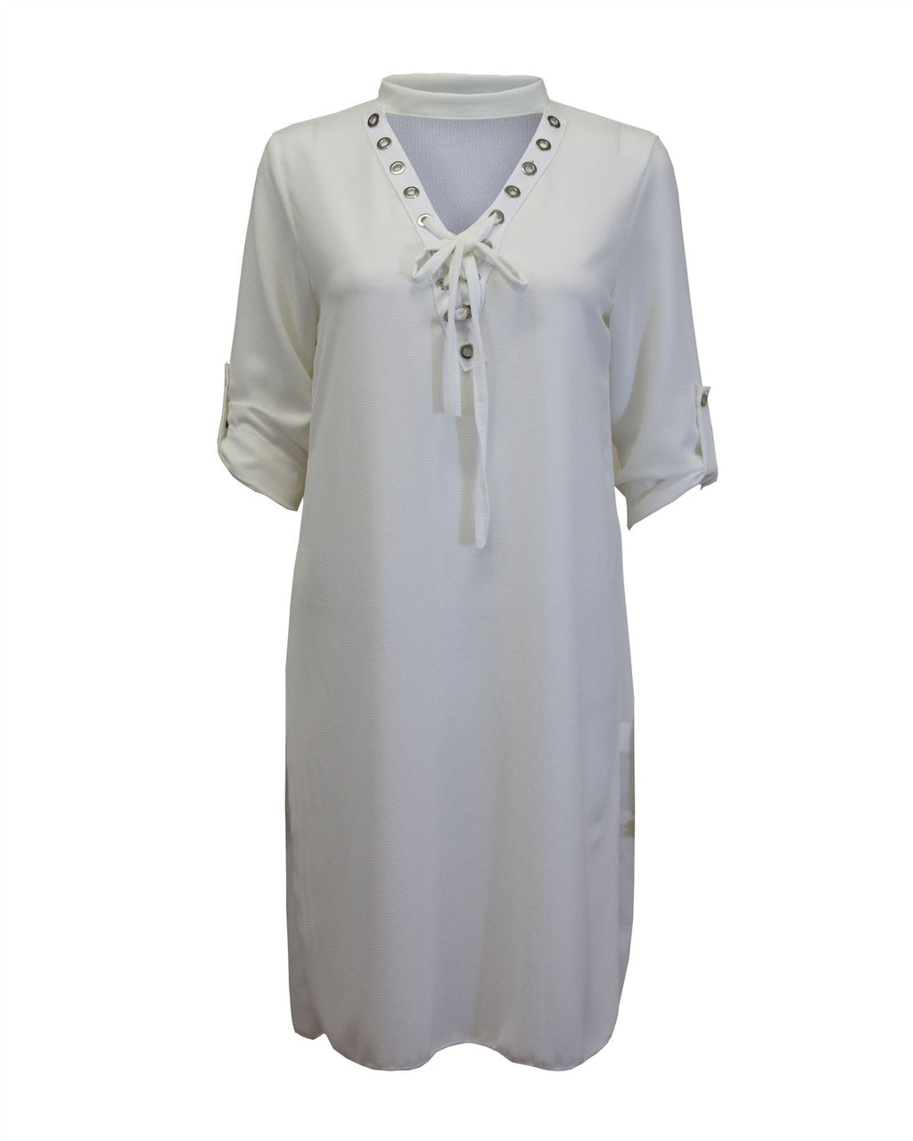 Womens Ladies Lace Up Eyelet Choker V Neck Chiffon Mini Shirt Dress Size UK 8-14