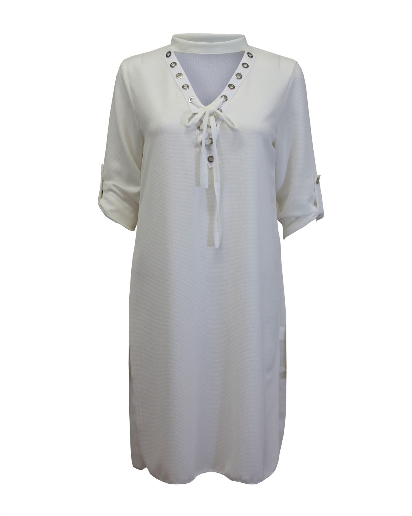 Womens Ladies Lace Up Eyelet Choker V Neck Chiffon Mini Shirt Dress Size UK 8-14