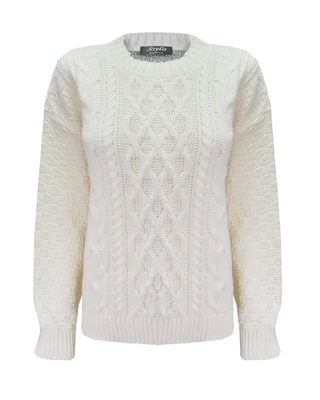 Ladies Women Crew Neck Diamond Knit Long Sleeve Cable Jumper Short Sweater Top